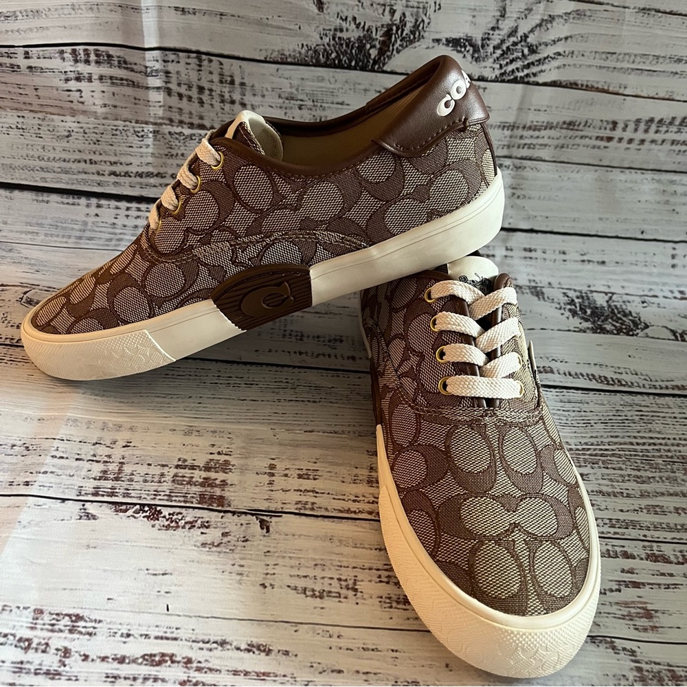 Coach Beige Monogram Low-Top Sneakers with White Soles - Picture 9 of 13